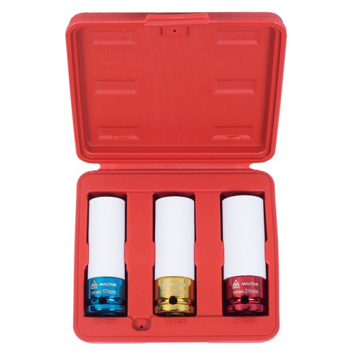 Набор ударных глубоких шестигранных головок 1/2", 17, 19, 21 мм, пластиковое покрытие, кейс, МАСТАК 006-43C