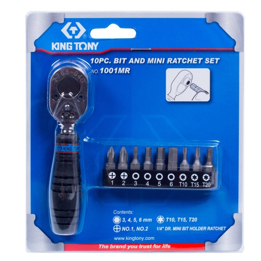 Набор вставок (бит) с трещоткой 1/4", Torx, Hex, PH, 10 предметов KING TONY 1001MR