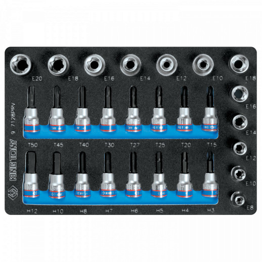 НАБОР ТОРЦЕВЫХ НАСАДОК И ГОЛОВОК 1/2", 3/8", TORX, HEX, Е6-Е20, ЛОЖЕМЕНТ, 28 ПРЕДМЕТОВ KING TONY 9-7128PRV