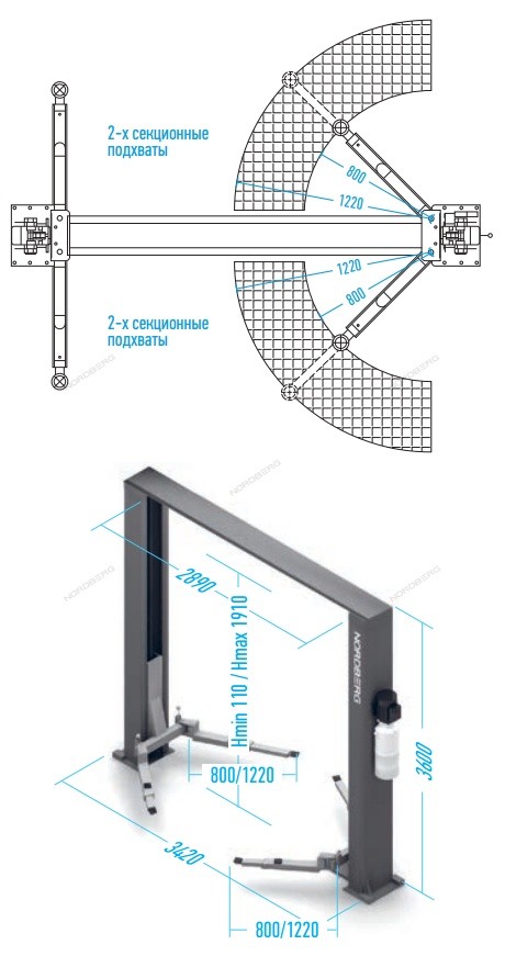 Подъемник 220V 2х стоечный 4т с верхней синхронизацией, H=3,6 м (синий) NORDBERG N4120H-4B