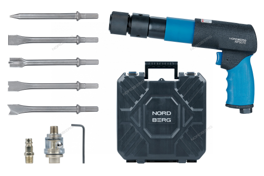 Пневмозубило 250 мм, с комплектом насадок и быстросъемным держателем в кейсе NP5070K