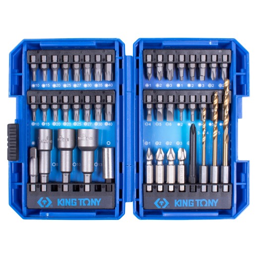 Набор вставок (бит) 1/4", PH, PZ, Hex, Torx, Slotted, Square, сверла, 45 предметов KING TONY 1045MR