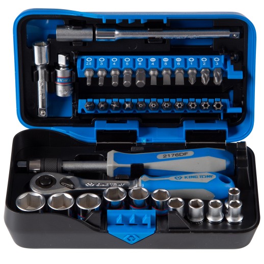 Набор торцевых головок с принадлежностями серии "АТОМ", 1/4", шестигранные, 5-14 мм, 39 предметов KING TONY 2539MR-AM